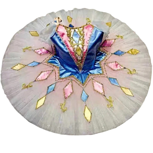 Colorful  Harlequin professional YAGP ballet tutu with blue bodice and decorative skirt.